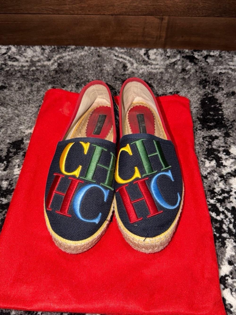 Carolina Herrera Black Espadrille Slippers with Multicolor CH Embroidery